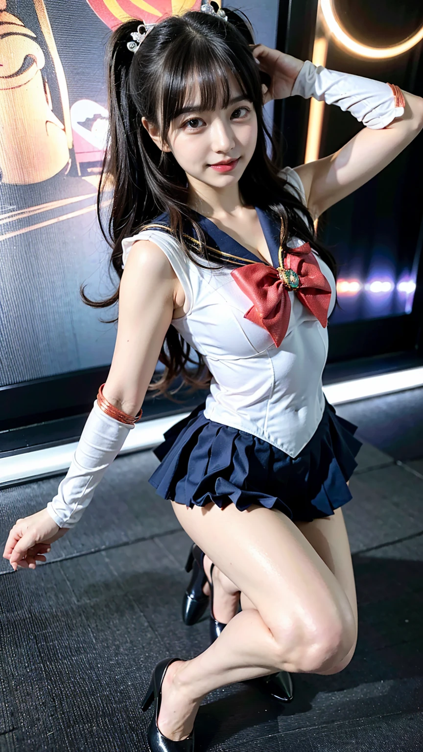 (8K、RAW Photos、Highest quality、masterpiece:1.2)、(Realistic、Realistic)、1 Girl、((Sailor Moon Costume:1.2、Thin legs、whole body、View from the front、smile、Looking into the camera、Spread your legs wide while squatting))、cute