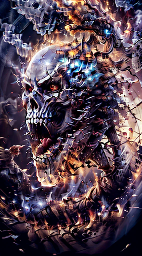 A towering, skeletal figure stands over 20 feet tall, its bony frame wreathed in flickering, ethereal flames. Its elongated, misshapen skull has hollow, sunken eye sockets that seem to pierce the soul. Wisps of smoke curl from between its exposed, jagged teeth. Massive, clawed hands tipped with razor-sharp phalanges hang at its sides, radiating intense heat. As it moves, the ground trembles beneath its thunderous steps, leaving a trail of smoldering destruction in its wake.