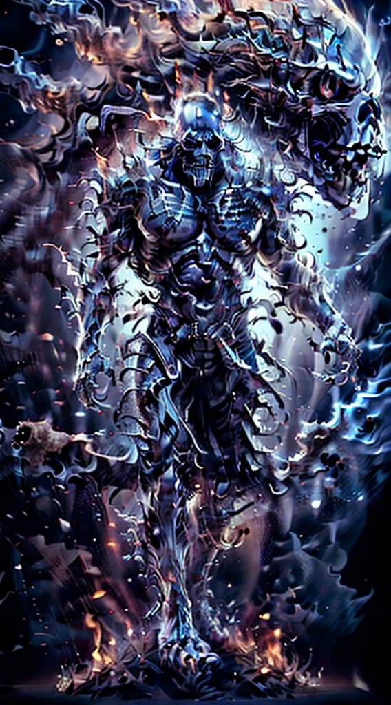 A towering, skeletal figure stands over 20 feet tall, its bony frame wreathed in flickering, ethereal flames. Its elongated, misshapen skull has hollow, sunken eye sockets that seem to pierce the soul. Wisps of smoke curl from between its exposed, jagged teeth. Massive, clawed hands tipped with razor-sharp phalanges hang at its sides, radiating intense heat. As it moves, the ground trembles beneath its thunderous steps, leaving a trail of smoldering destruction in its wake.