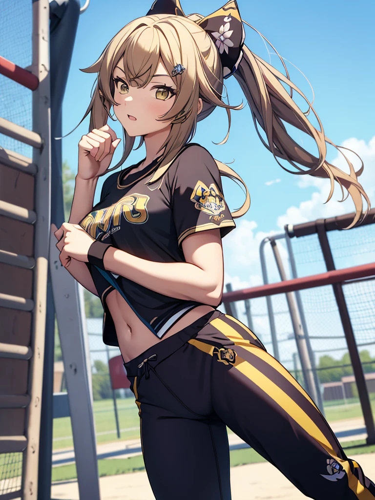 Kirara from Genshin Impact game, 1girl, as an athlete, wearing a sports t-shirt and pants, at a playground, 8k, high detailed, high quality