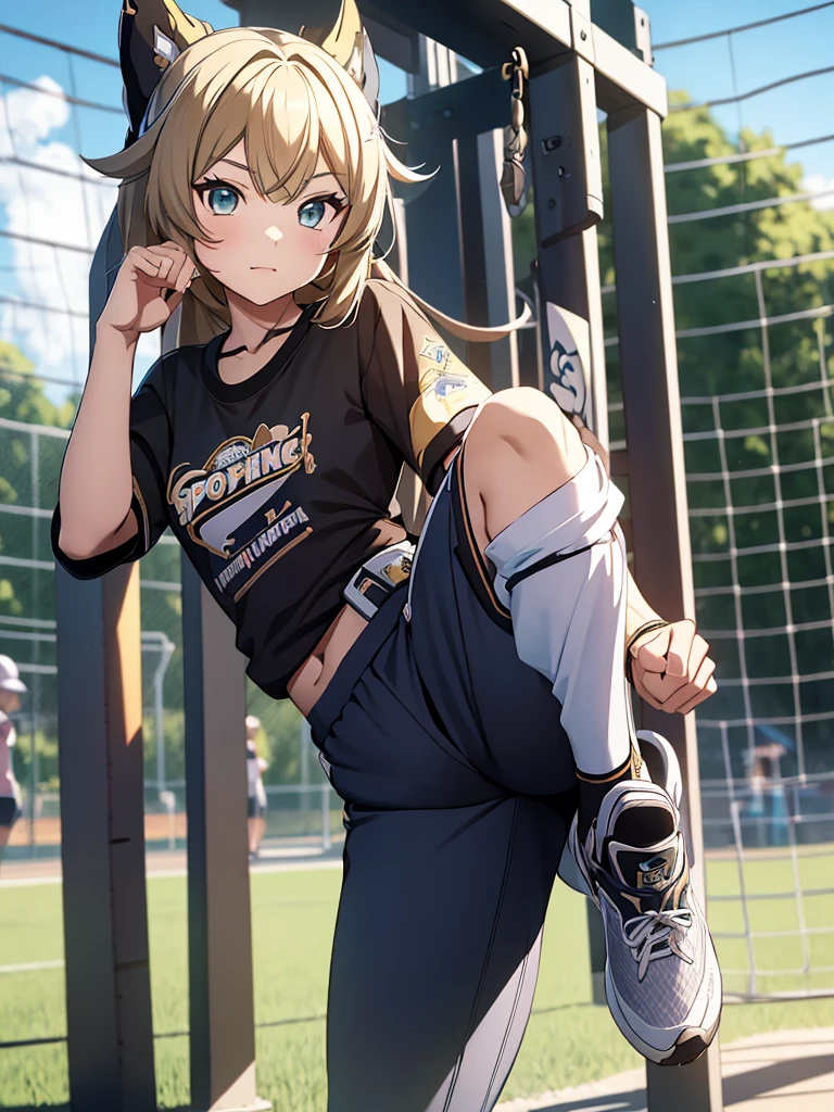 Kirara from Genshin Impact game, 1girl, as an athlete, wearing a sports t-shirt and pants, at a playground, 8k, high detailed, high quality