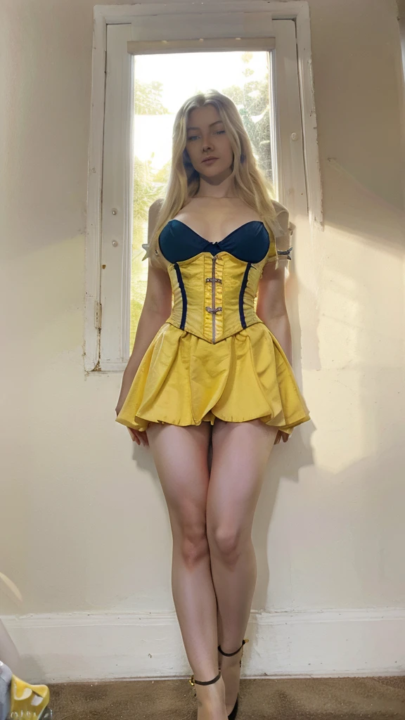 Beautiful blonde Colombian 18 years old, mini skirt and yellow corset ,whole body,