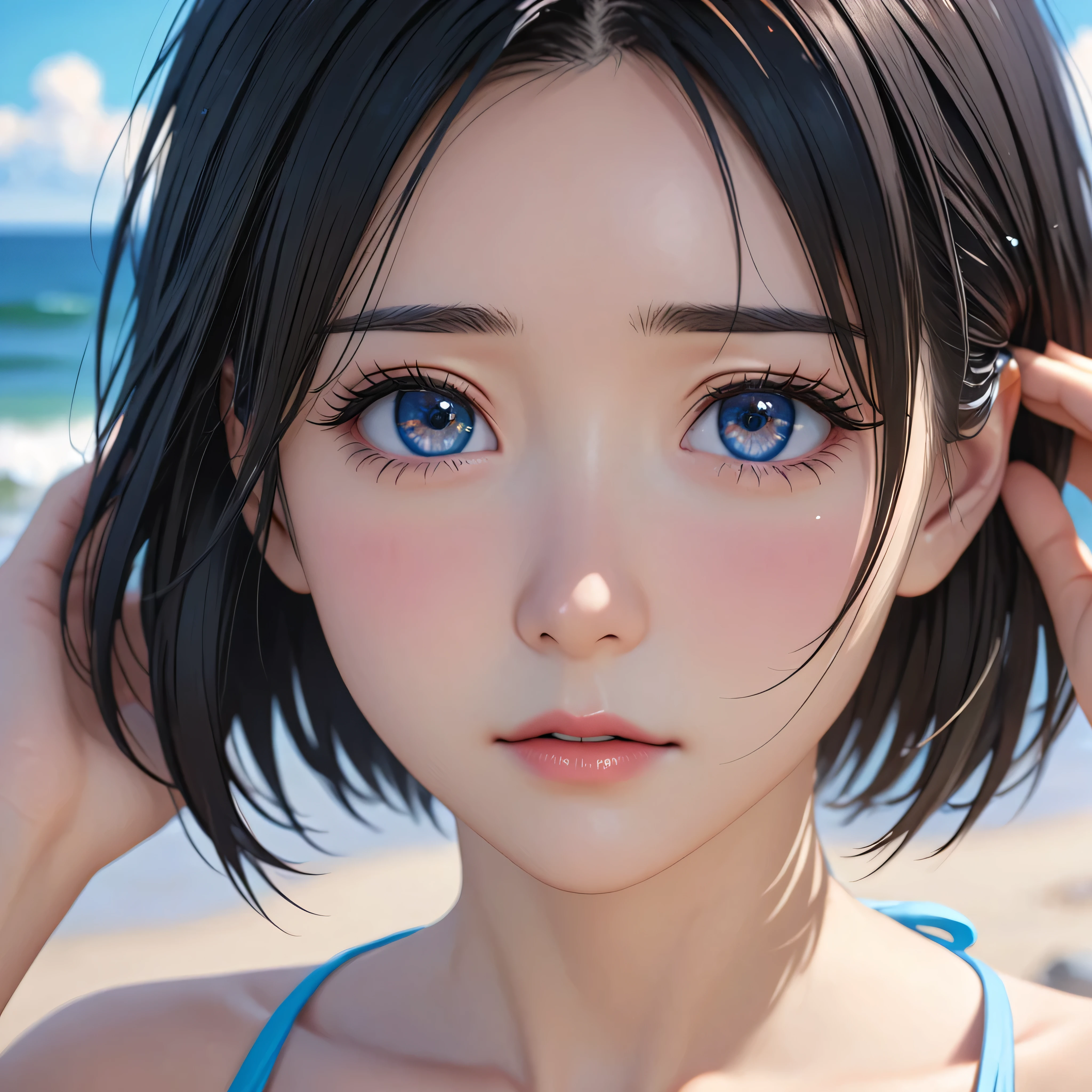 National Science Foundation,masterpiece,High resolution,8K,Art,digit,Three-dimensional,Realism,Kyoto Animation Style,your name movie style,looking into camera,On the scenic seaside,(1 girl: 1.3),(alone: 1.4),(bikini),Put your hands behind your head,Black hair,Long eyelashes,Slender legs,Short Bob,Close-up of upper body,Close-up,Close up,Eyes as deep as the starry sky,shy,pain,sad,Awkward