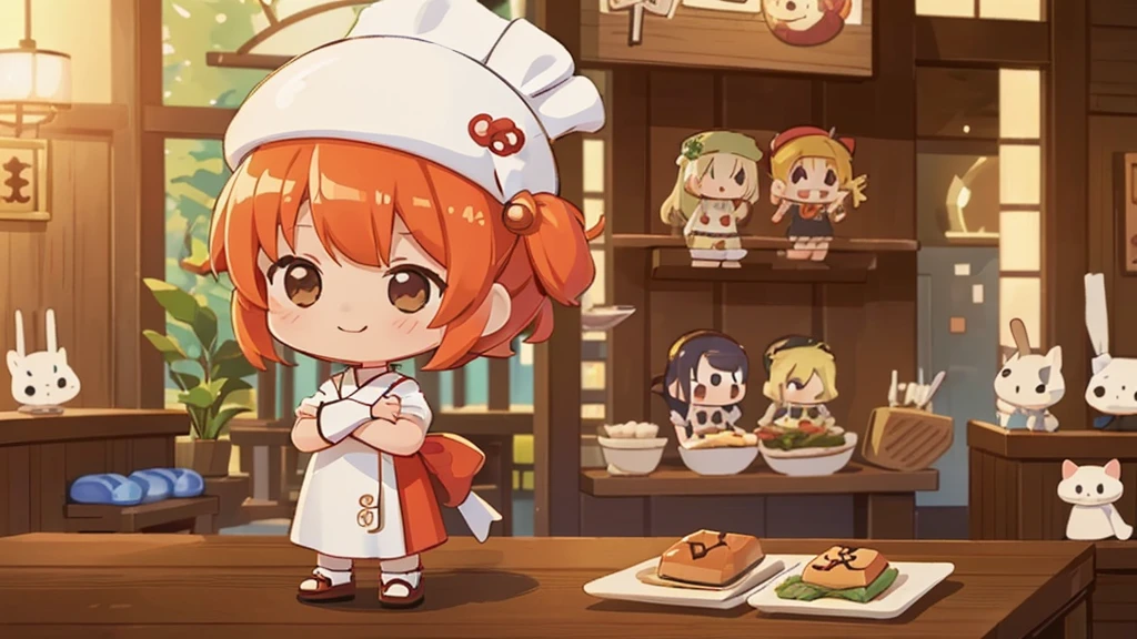 (((masutepiece))), Best Quality, Extremely detailed, (Chef Costume:1.2), (Chef's Hat), (((girl)), (((Solo))), Happy, ((Half body)), Ahoge, (((Deformed))), (((Chibi Character))), ((( Restaurant))),, ((crossed arms))), (((cooking))