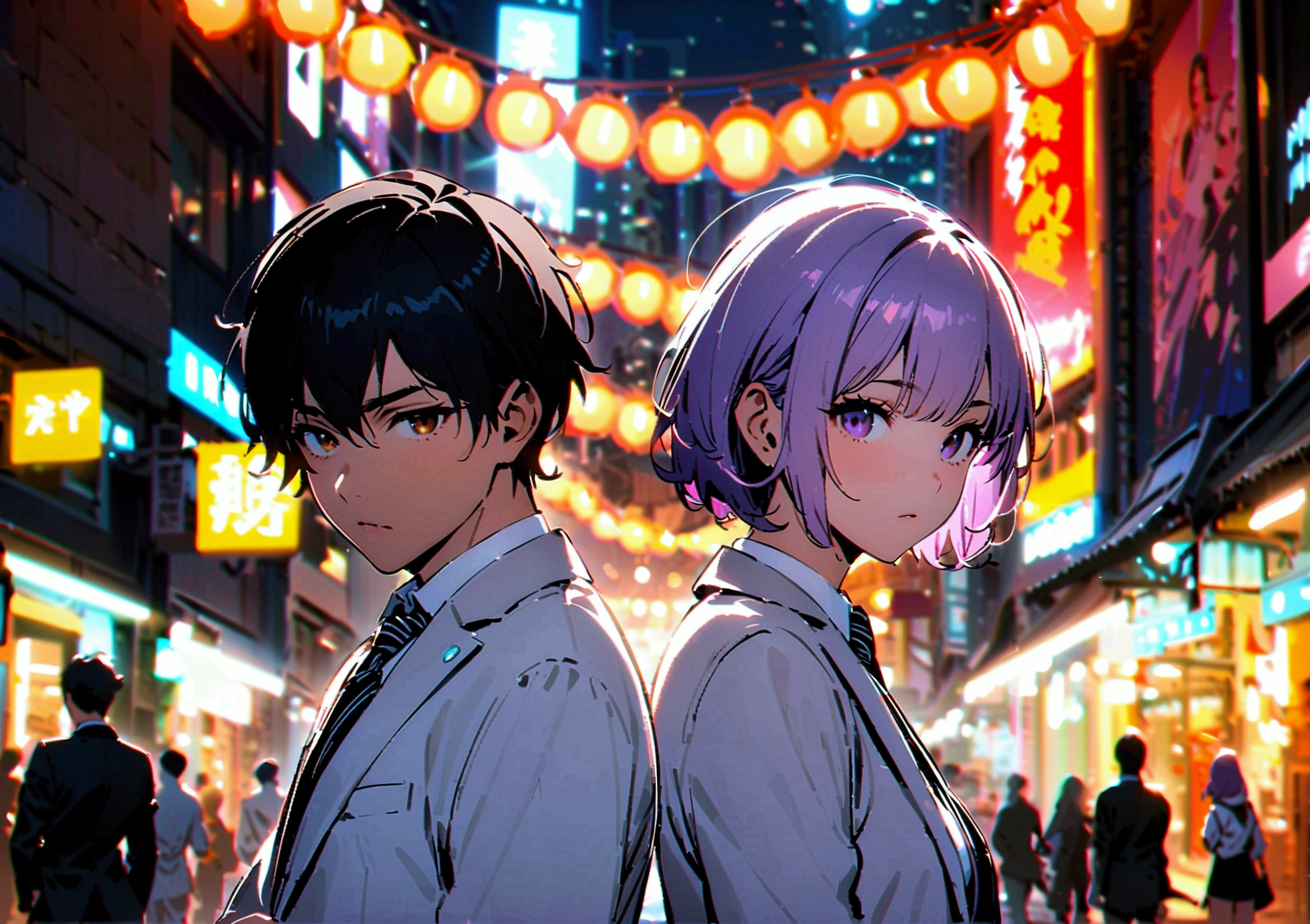 3 men standing in a group, 3 people in white suits, 2 people with black hair, 1 person in a black suit with white hair, 1 person with purple hair, 1 person with their backs turned in the middle of the city at night.