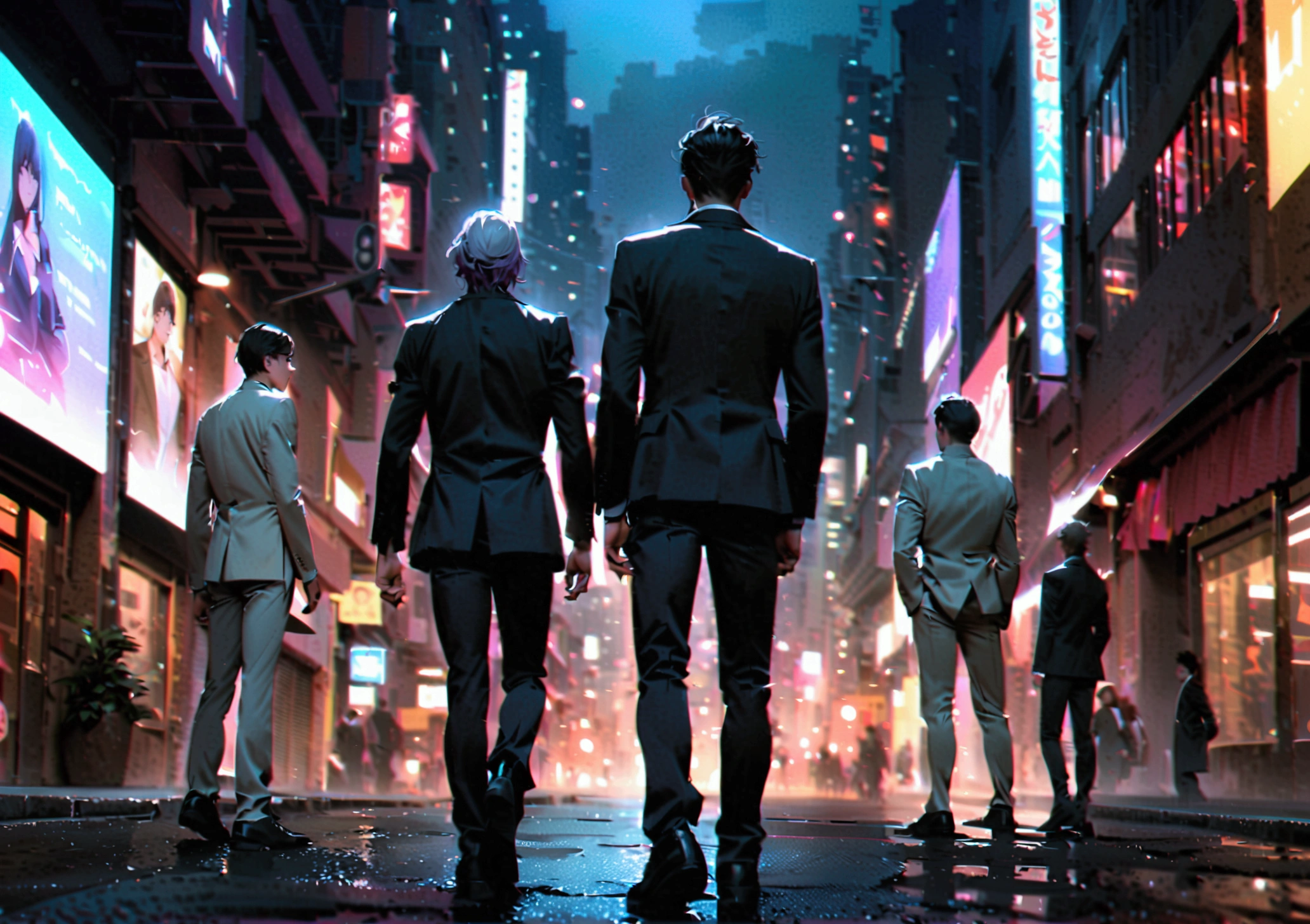 3 men standing in a group, 3 people in white suits, 2 people with black hair, 1 person in a black suit with white hair, 1 person with purple hair, 1 person with their backs turned in the middle of the city at night.