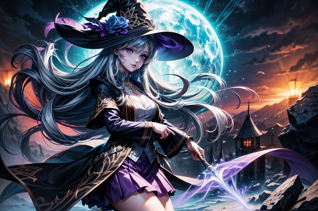 In the middle of so the storm on the stone field stand beatiful witch, she have a beautiful face with blue eyes shining purple lipstick and purple eye shadows, she have long blue hair with purple highlights, she dressed in black long coat short skirt high heels shoes and witch hat on her head , there is lighnings all around her, (ultra high quality fantasy art, anime fantasy style, masterpiece, ultra high quality character design, 8k quality anime art, realistic anime art, top quality wallpaper illustration, detailed ultra high quality accurate face, high quality design and accurate physic)