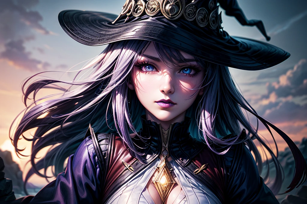 In the middle of so the storm on the stone field stand beatiful witch, she have a beautiful face with blue eyes shining purple lipstick and purple eye shadows, she have long blue hair with purple highlights, she dressed in black long coat short skirt high heels shoes and witch hat on her head , there is lighnings all around her, (ultra high quality fantasy art, anime fantasy style, masterpiece, ultra high quality character design, 8k quality anime art, realistic anime art, top quality wallpaper illustration, detailed ultra high quality accurate face, high quality design and accurate physic)