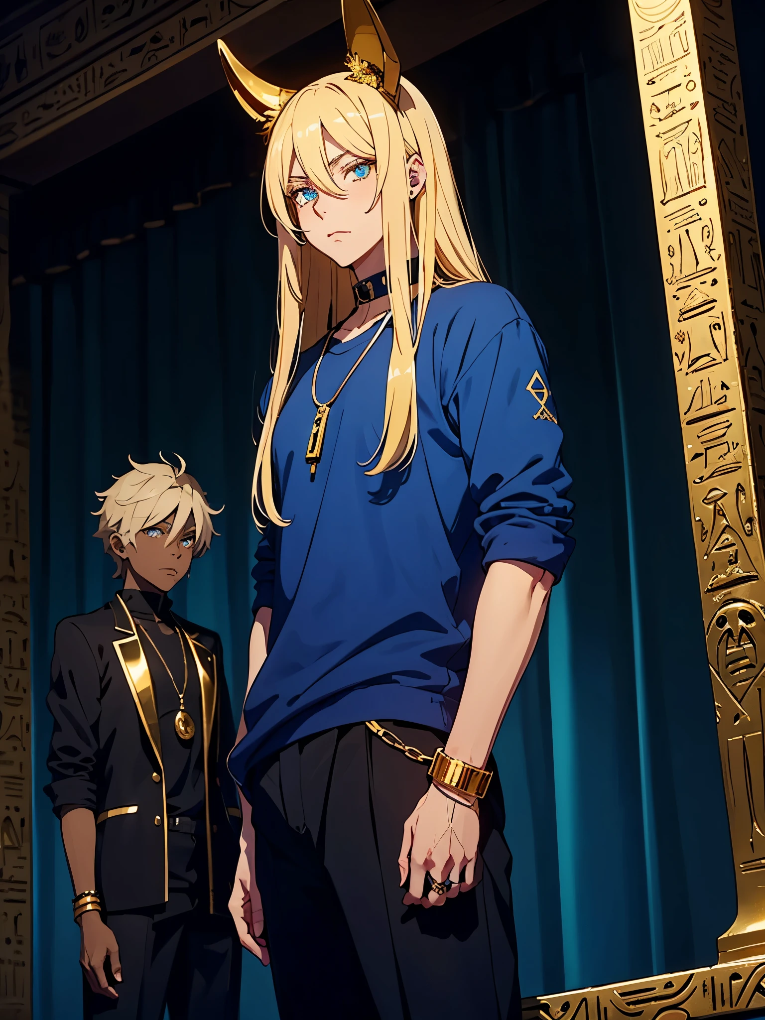 Mehr anime. Hellblaue augen. Sweeter. Lighter. アニメ! sweet. long trousers. Without legs. masculine. Teenage boy. Egyptian deity Anubis. Egyptian blue clothing. Blue clothes.  long blond hair. Lots of gold jewelry. dark skin. Gold. bright.