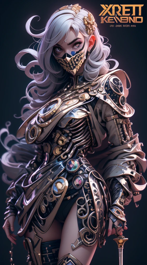 ( High quality , Ultra-detail, carefully with your hand )tarot card, chiaroscuro technique on sensual illustration of an queen of sword, a teenage fashion model wearing an exo-skeleton mask, vibrant colors, futuristic cyberpunk style, intricate details, cinematic lighting, dramatic pose, an elegant complex bio mechanical onyx and gold, intricate details, official art, unity 8k wallpaper, ultra detailed, beautiful and aesthetic, (in a room with black walls illuminated by violet neon lights :1.1)
