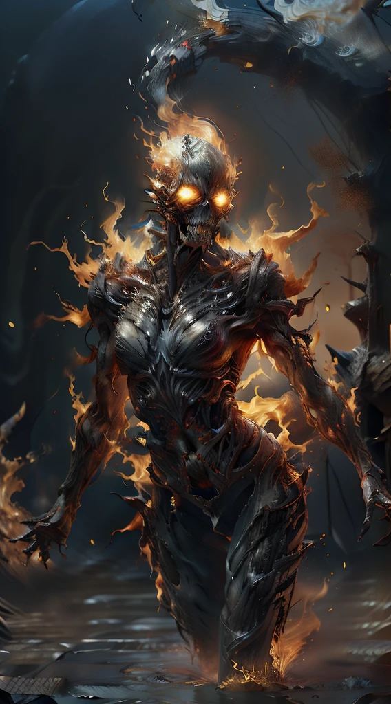 A towering, skeletal figure stands over 20 feet tall, its bony frame wreathed in flickering, ethereal flames. Its elongated, misshapen skull has hollow, sunken eye sockets that seem to pierce the soul. Wisps of smoke curl from between its exposed, jagged teeth. Massive, clawed hands tipped with razor-sharp phalanges hang at its sides, radiating intense heat. As it moves, the ground trembles beneath its thunderous steps, leaving a trail of smoldering destruction in its wake.