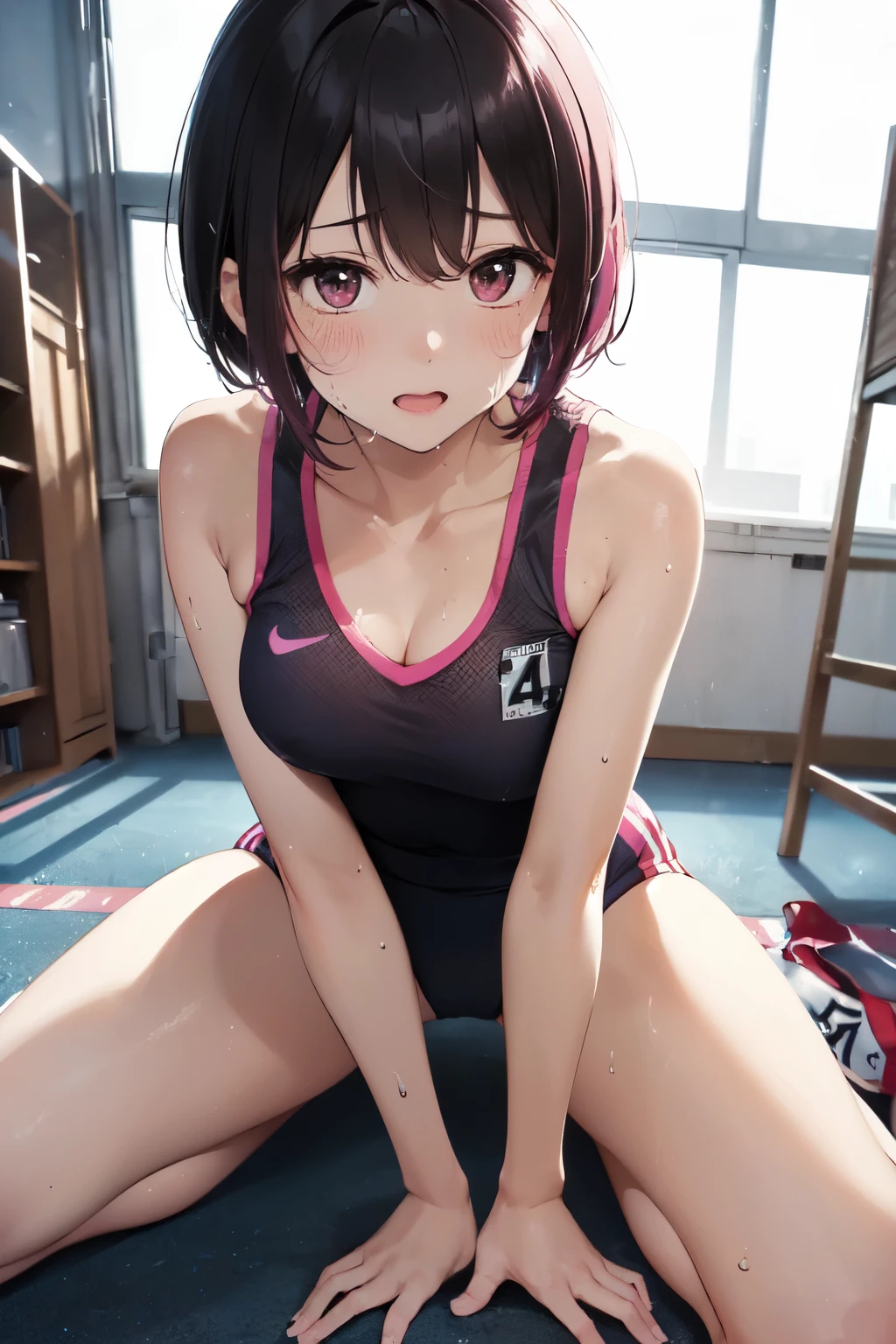 very cute and beautiful girl,(Very detailed美しい顔), (((Close-up shot of face、Open your mouth very wide、Sweating all over、Sweaty、Looking up、、Excited、Fascinating、orgasm、shortness of breath、Very humid、vapor))),blush,Black Hair,Seraphim,((short hair、Black Hair、Pink hair on the inside、Gal、Small breasts)),((Track & field athletes' uniforms)),((Reaching for the camera、Spread your legs、High angle、Dynamic Angle、Hands on the local area)), ((Small storage room in gymnasium、Dim lighting、vapor、Sigh、The expression of the limit)), (Highest quality,masterpiece:1.0),Absurd,High resolution,Super detailed,Very detailed,32k,8K resolution, Intricate details,Movie Scenes,Detailed Background,alone,Dynamic Angle,