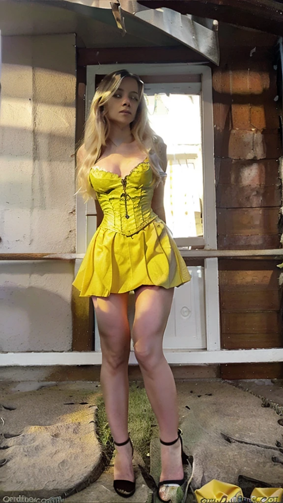 Beautiful blonde Colombian 18 years old, mini skirt and yellow corset ,whole body,