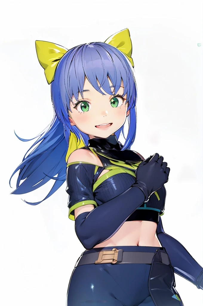 beautiful girl,smile,happy,Black Gloves,Slim fit,Green Eyes,Blue Hair,Yellow ribbon,4K,8K,Highest quality