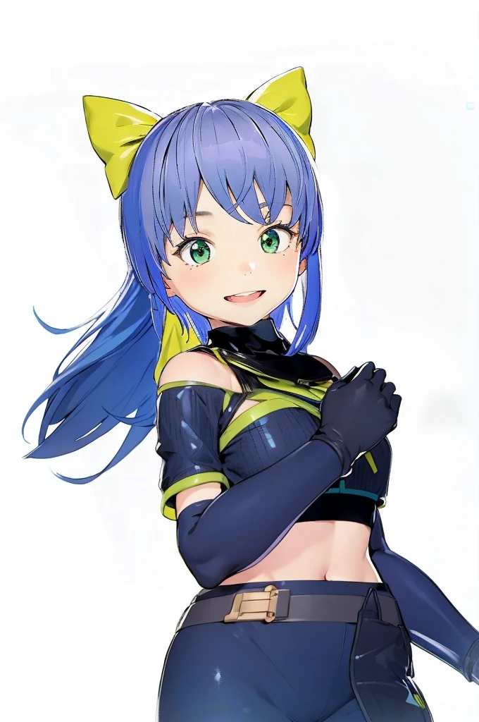 beautiful girl,smile,happy,Black Gloves,Slim fit,Green Eyes,Blue Hair,Yellow ribbon,4K,8K,Highest quality