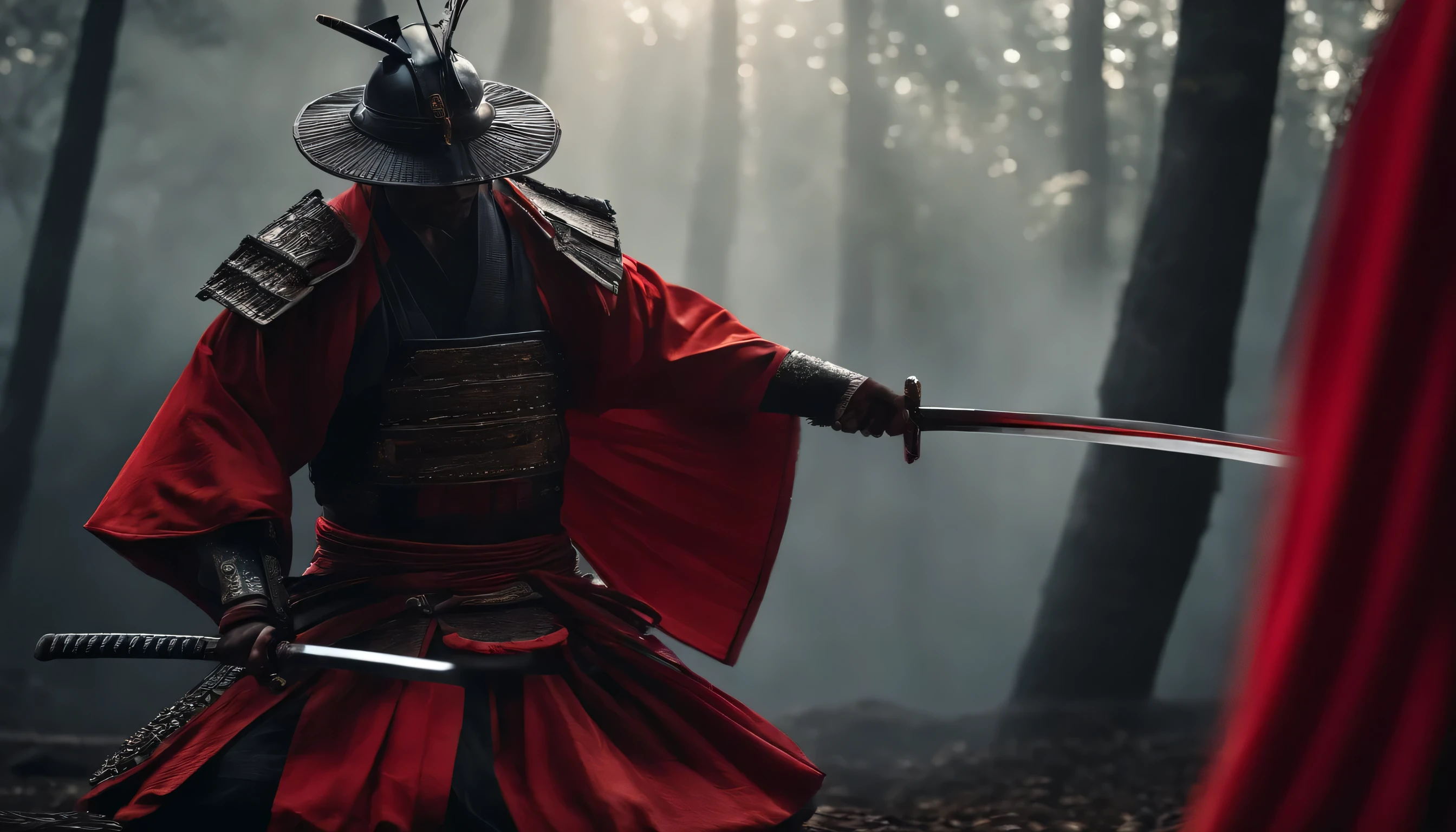 samurai in dark clothes, steal components, with a sword shining red, facing the front, darkness background, realisitic,