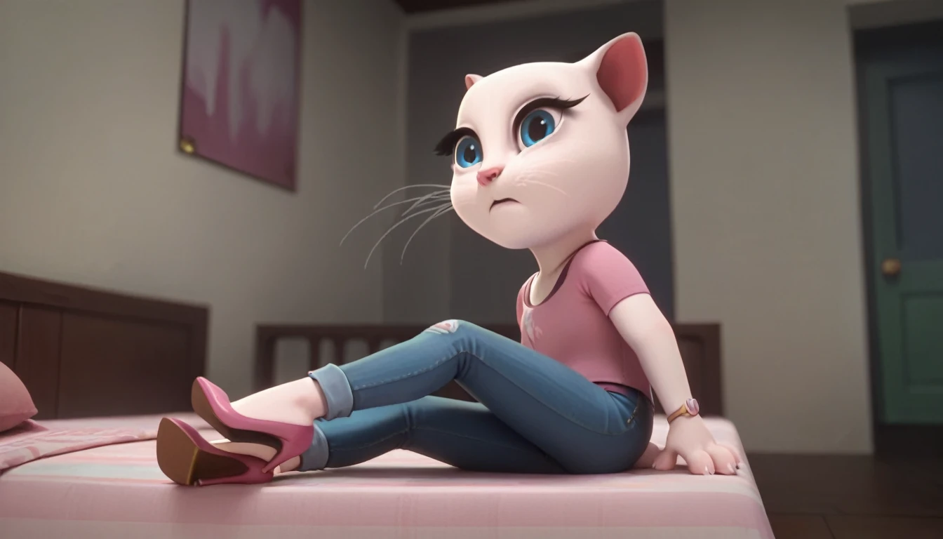 solo focus, a_la, 1girl, cat, white fur, long whiskers on both sides of the face, big bright blue eyes, big black eyelashes, pink nose, triangular ears with pink channels, high heels.jeans. 1 girl and 1 boy human. side view. in bed. The man lies flat on the floor with his legs closed. Woman sits on man, anal scream, lying, at home, looking back, big penis, rape of 1 man, girl. Score_9, Score_8_up, Score_7_