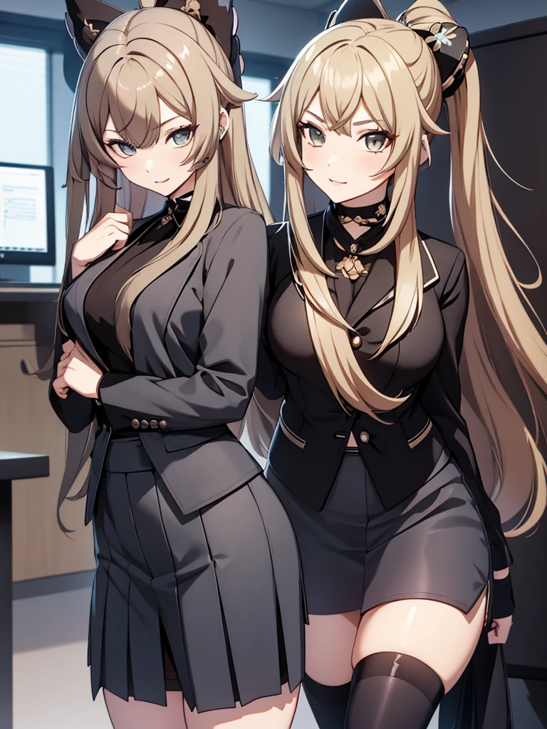 Kirara from Genshin Impact game, 1girl, as an office lady, wearing a office suit, black colour tight skirt, at an office ,  kirara hair style, 8k, high detailed, high quality