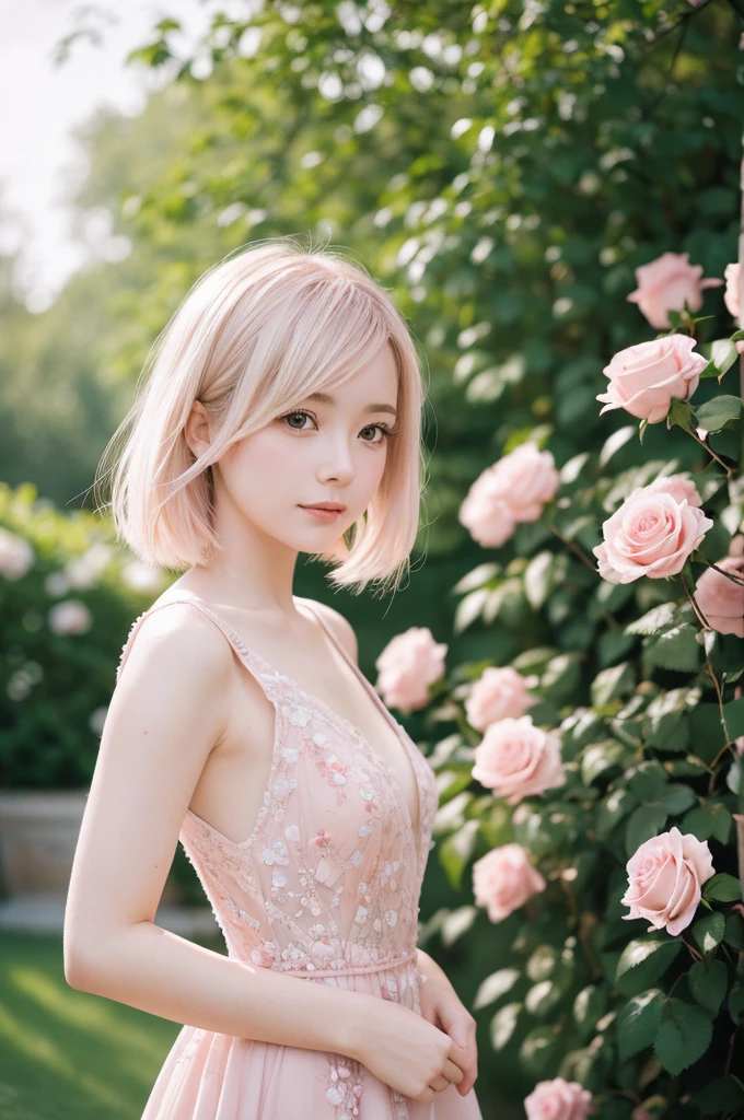 8K, RAW Photos, Fujifilm, Avril-like style photo of a beautiful young woman in a garden of pale pink roses (Highly detailed skin: 1.2) Style Petal Break Short Hair, Blonde and colored hair, Wearing a dress, Film Granulation, 35mm, Cute Style