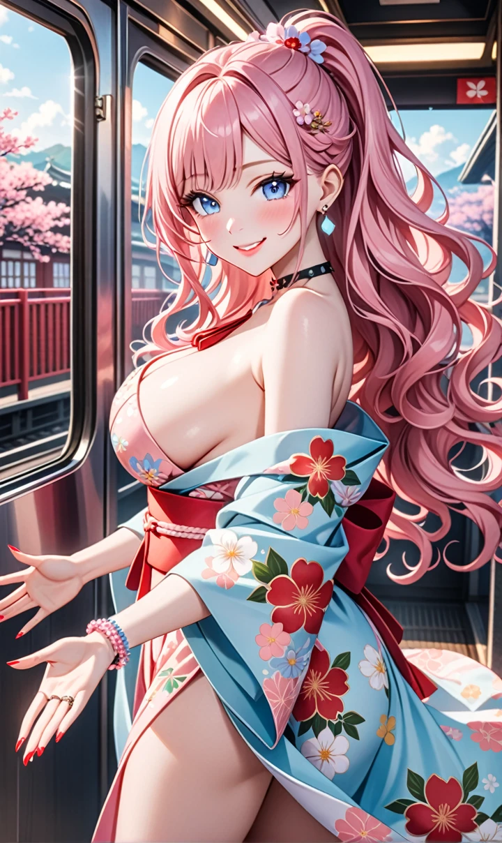 ultra-detailed, ((one girl)), (pale skin:1.4), in pastel colors gyaru, (heavy makeup), (professional lighting) hyper detailed, absurdres, 8K, Beautiful Face, (Laugh shyly), ((teasing smile:1.8)), ((Wink:1.7)), (Laugh with your mouth wide open),((Tilt your face:1.6)), View your viewers, ((Bright red cheeks:1.6)),Glossy Red Lips, ((Big Breasts:1.5)),  ((undressing:1.2)), noon, Getting off the train , ((Anime style background)),masterpiece, Highest quality, so beautiful,Latest, Complex details, (Pink long nails), (nail art), (ring),(bracelet), (Floral Choker),AI-generated, Complex,High resolution, Highest quality, super high quality,3D Images、3D Images,One person,Pastel pink long hair,(High Ponytail), (wavy hair:1.3), Pastel anime woman posing for a photo, ((Fine grain、blue eyes、glowing eyes:1.4)), (Squint your eyes:1.1),a hyperRealistic , hyperRealistic , Realistic,Anime woman with long pastel pink hair, Smooth anime CG art, A girl in a gorgeous pastel-colored kimono, ((Pastel-colored furisode)),(Pink large floral pattern), Long flower hair ornament,Floral Earrings,Mature Body, tall,Narrow waist, ((look back:1.2)),((Reaching out:1.6)),