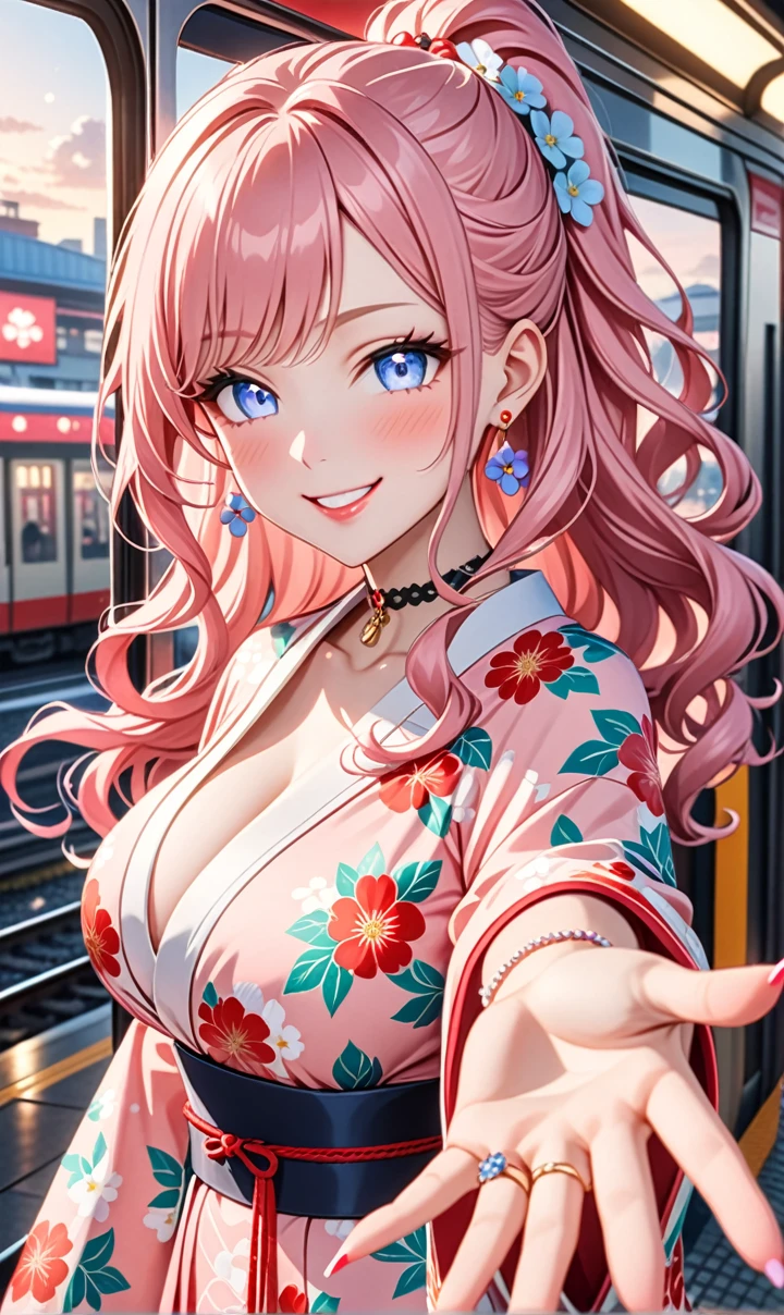 ultra-detailed, ((one girl)), (pale skin:1.4), in pastel colors gyaru, (heavy makeup), (professional lighting) hyper detailed, absurdres, 8K, Beautiful Face, (Laugh shyly), ((teasing smile:1.8)), ((Wink:1.7)), (Laugh with your mouth wide open),((Tilt your face:1.6)), View your viewers, ((Bright red cheeks:1.6)),Glossy Red Lips, ((Big Breasts:1.5)), ((undressing:1.2)), noon, Getting off the train , ((Anime style background)),masterpiece, Highest quality, so beautiful,Latest, Complex details, (Pink long nails), (nail art), (ring),(bracelet), (Floral Choker),AI-generated, Complex,High resolution, Highest quality, super high quality,3D Images、3D Images,One person,Pastel pink long hair,(High Ponytail), (wavy hair:1.3), Pastel anime woman posing for a photo, ((Fine grain、blue eyes、glowing eyes:1.4)), (Squint your eyes:1.1),a hyperRealistic , hyperRealistic , Realistic,Anime woman with long pastel pink hair, Smooth anime CG art, A girl in a gorgeous pastel-colored kimono, ((Pastel-colored furisode)),(Pink large floral pattern), Long flower hair ornament,Floral Earrings,Mature Body, tall,Narrow waist, ((look back:1.2)),((Reaching out:1.6)),