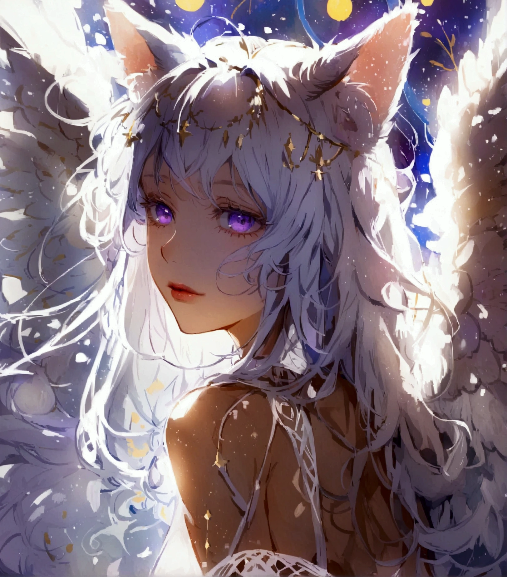 beauty,Long Wavy Hair,White hair is very attractive, Detailed and precise manual work, Attractive girl, White cat ears,Purple eyes and white eyelashes,sit,light in your eyes,Big angel wings,delicate, 白いdelicateなレースの水着, Hand-drawn illustration,Broad background,