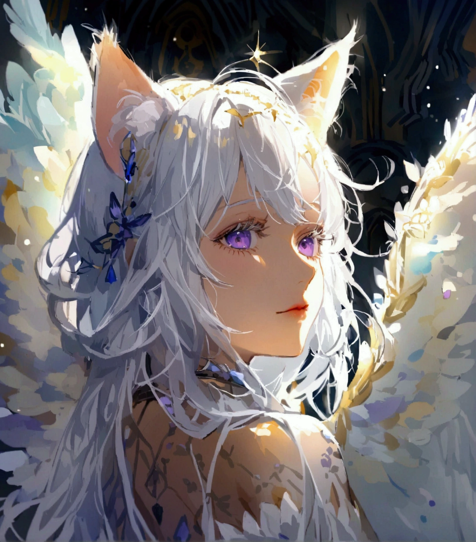 beauty,Long Wavy Hair,White hair is very attractive, Detailed and precise manual work, Attractive girl, White cat ears,Purple eyes and white eyelashes,sit,light in your eyes,Big angel wings,delicate, 白いdelicateなレースの水着, Hand-drawn illustration,Broad background,