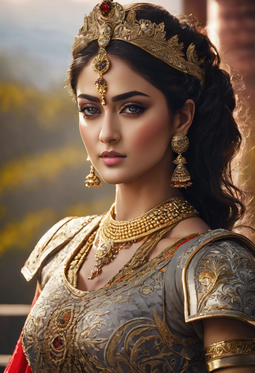 Looks like Sandeepa Dhar, "Design an illustration of a stunning and powerful warrior queen with a regal presence. She should possess a combination of strength and grace. Imagine her in ornate, yet practical armor that complements her figure. The armor should be adorned with intricate details and symbols representing her royal lineage and warrior prowess. Her weapon of choice could be a unique and elegant sword or a mythical weapon that reflects her status as a formidable leader.

Her facial features should exude confidence and determination, with piercing eyes that convey both fierceness and wisdom. The queen's hair, whether long or short, should flow dynamically, hinting at her movement in battle. Consider incorporating elements that emphasize her connection to nature or a mythical realm, such as ethereal backgrounds, symbolic animals, or mystical symbols.

Pay attention to the color palette; use rich, bold colors that enhance her royal aura. Experiment with lighting to highlight specific details and create a sense of drama. Ensure that her posture and expression capture the essence of a queen who commands respect and admiration. Feel free to draw inspiration from historical warrior queens or fictional characters, blending elements to create a unique and captivating image."