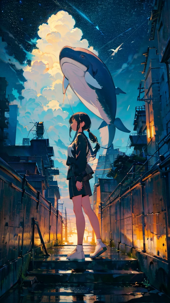masterpiece, Exquisite detail,Highest quality, One girl, alone, handrail, cloud, Looking up at the buildings,Long Hair, zero, Long sleeve, Power lines, White footwear, Black Hair, View your viewers, Electric pole, bangs, cloudy zero, fish, bird, Green Eyes, Shorts, Day, Black Shirt, barefoot,Whale flying in the sky,Giant whale,night,Star,milky way,night,Pitch black,Buildings,立っている,High quality anime art style，Standing painting，Splash ink background，Blue Themes,Clear Face,Distinct facial features
