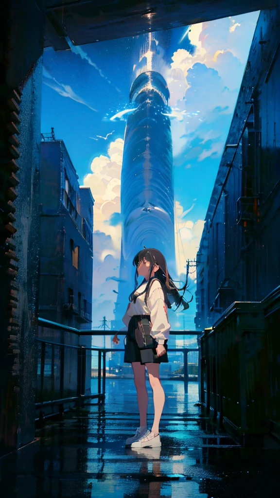 masterpiece, Exquisite detail,Highest quality, One girl, alone, handrail, cloud, Looking up at the buildings,Long Hair, zero, Long sleeve, Power lines, White footwear, Black Hair, View your viewers, Electric pole, bangs, cloudy zero, fish, bird, Green Eyes, Shorts, Day, Black Shirt, barefoot,Whale flying in the sky,Giant whale,night,Star,milky way,night,Pitch black,Buildings,立っている,High quality anime art style，Standing painting，Splash ink background，Blue Themes,Clear Face,Distinct facial features