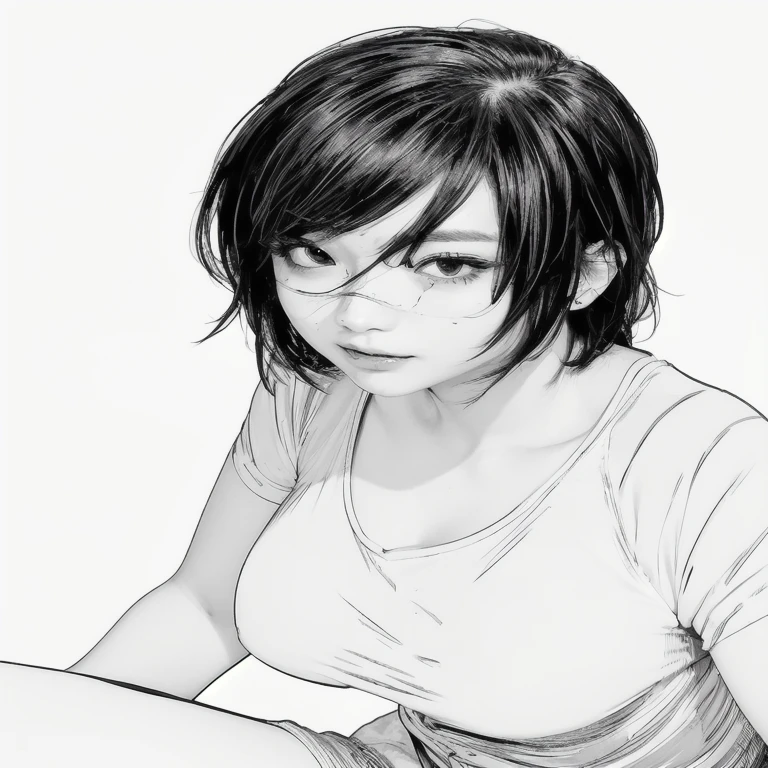 a woman with a white shirt, short hair girl, scar on face, brown eyes, mole on upper lips