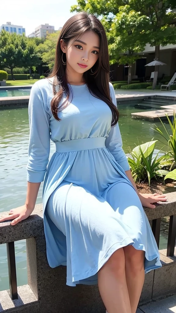 Gere uma imagem de uma mulher morena, adulta, com cabelos castanho-claros e compridos. She wears a casual dress with short sleeves and a mid-length skirt, feito de um tecido leve e arejado. The shade of the dress is a shade of soft blue, that enhances your brown skin. She's in an outdoor setting, sob uma luz natural suave. Camera captures a profile viewing angle, highlighting its natural features and its unpretentious beauty. His posture is relaxed, transmitindo uma sensualidade sutil. The scenery in the background is a green and serene field. This image should convey a sense of natural beauty and casualness