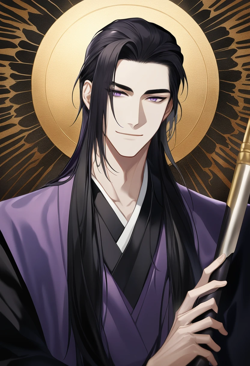 (masterpiece, best quality:1.2), 1male, solo, jiang cheng, mo dao zu shi, mdzs, purple and black clothes, purple eyes, long black hair, perfect anatomy, smile