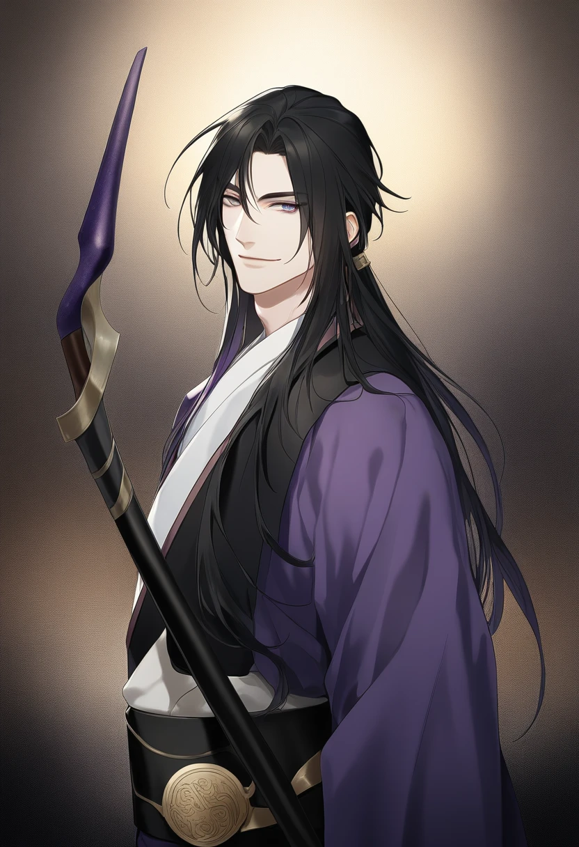 (masterpiece, best quality:1.2), 1male, solo, jiang cheng, mo dao zu shi, mdzs, purple and black clothes, purple eyes, long black hair, perfect anatomy, smile