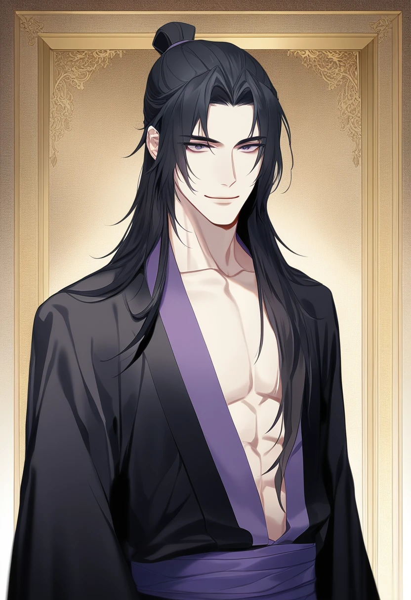 (masterpiece, best quality:1.2), 1male, solo, jiang cheng, mo dao zu shi, mdzs, purple and black clothes, purple eyes, long black hair, perfect anatomy, smile