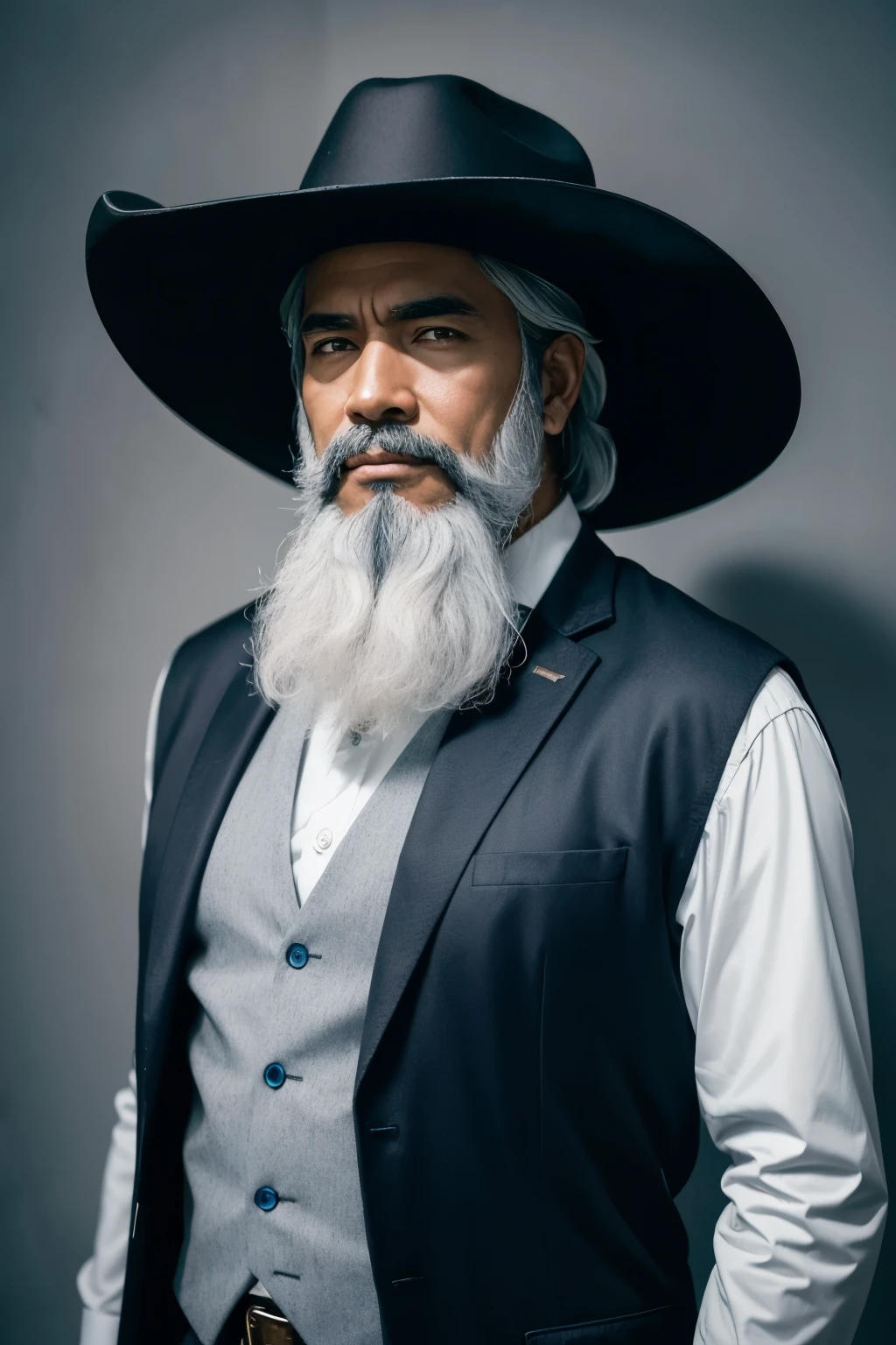 Anime character man with a gray beard in a black COWBOY hat, dark-skinned man with blue clothes