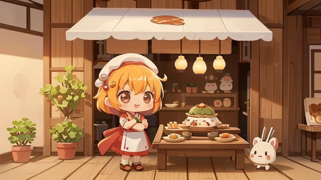 (((masutepiece))), Best Quality, Extremely detailed, (Chef Costume:1.2), (Chef's Hat), (((girl)), (((Solo))), Happy, ((Half body)), Ahoge, (((Deformed))), (((Chibi Character))), ((( Restaurant))),, ((crossed arms))), (((cooking)), ((many food)), (( food on table)), ((girl stand behind table))