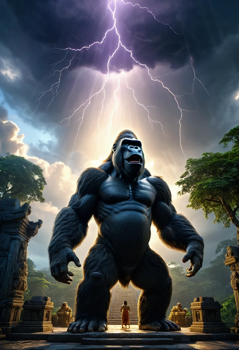 king kong in firefly temple at lightning storm clouds god rays cinematic hyperdetailed 8 k ultradetail cinematic concept art volumetric lighting fantasy artwork