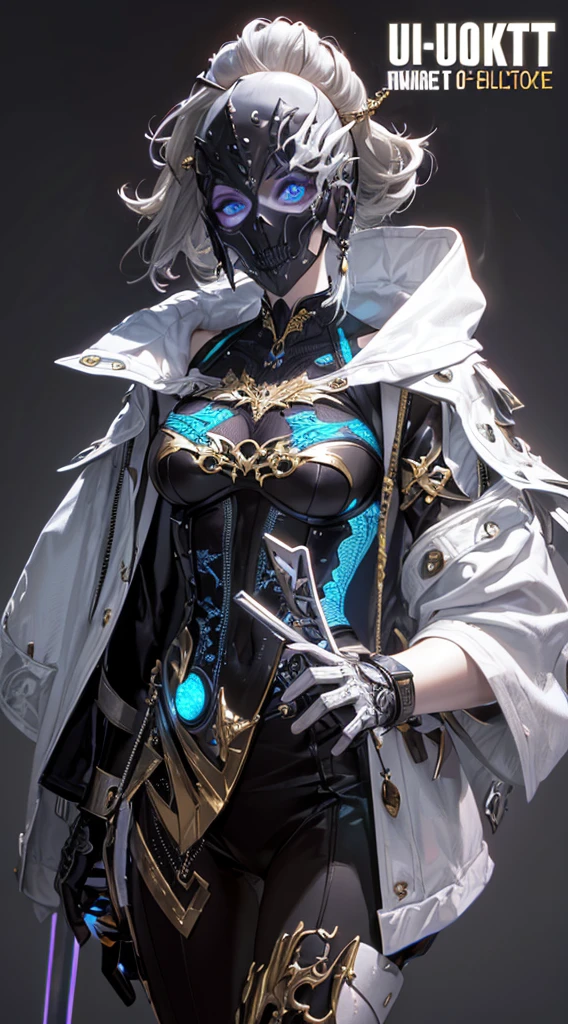 ( High quality , Ultra-detail, carefully with your hand )tarot card, chiaroscuro technique on sensual illustration of an queen of sword, a teenage fashion model wearing an exo-skeleton mask, vibrant colors, futuristic cyberpunk style, intricate details, cinematic lighting, dramatic pose, an elegant complex bio mechanical onyx and gold, intricate details, official art, unity 8k wallpaper, ultra detailed, beautiful and aesthetic, (in a room with black walls illuminated by violet neon lights :1.1)