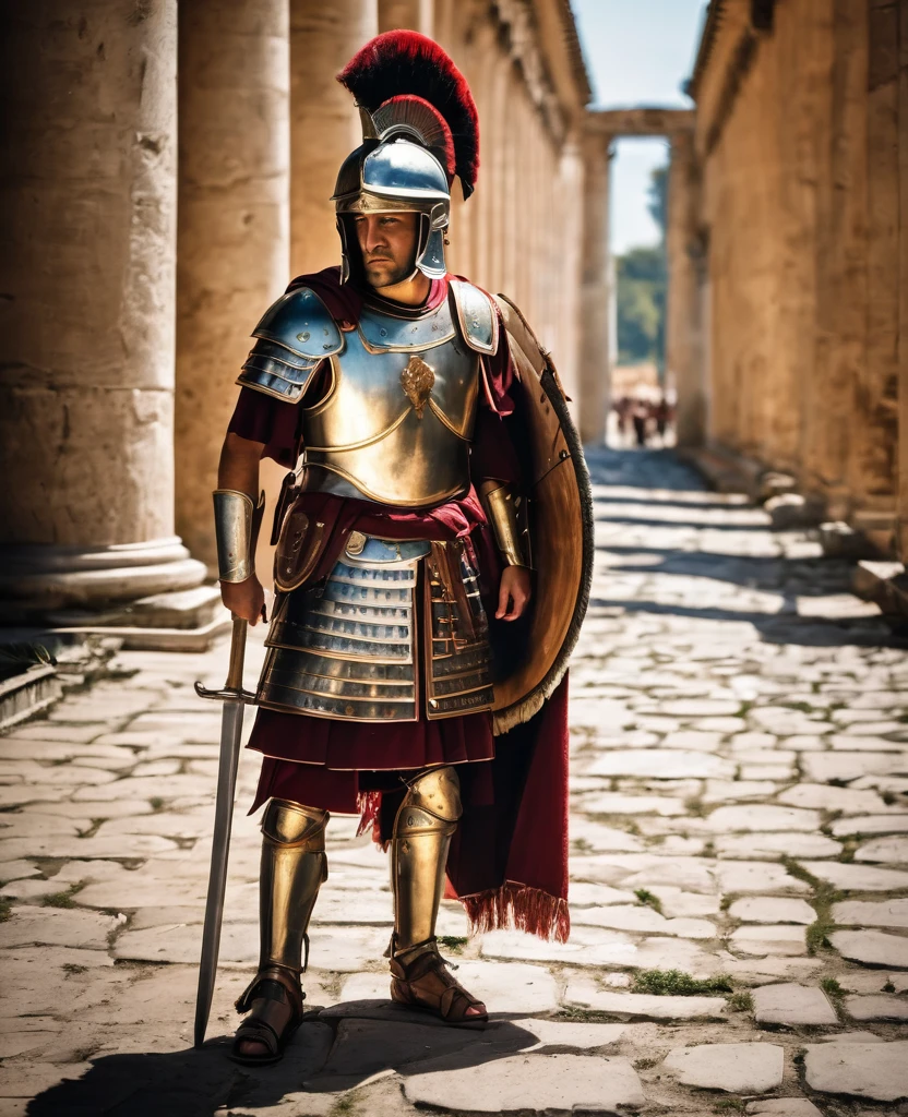 true-to-life portrayal, MARCVS ULPIVS TRAIANVS, roman emperor, Roman empire, wearing armor, Classic Roman armor, lorica segmentata, Boots, Detailed Roman helmet, Roman short sword, Sword, Shield, hyper detailled, 8K, documentary photography, old color palette,