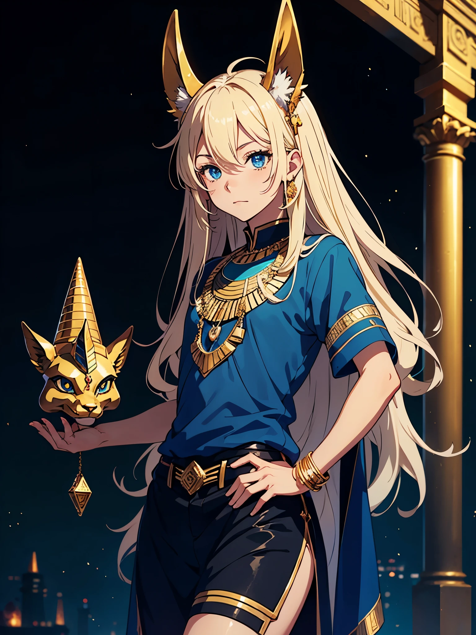 More anime style. cutie pie. アニメ! age boy. Egyptian deity Anubis. Egyptian blue clothing. Blue clothes. long blond hair. Lots of gold jewelry. dark skin. Egyptian. dazzling blue eyes. mystical. divine.