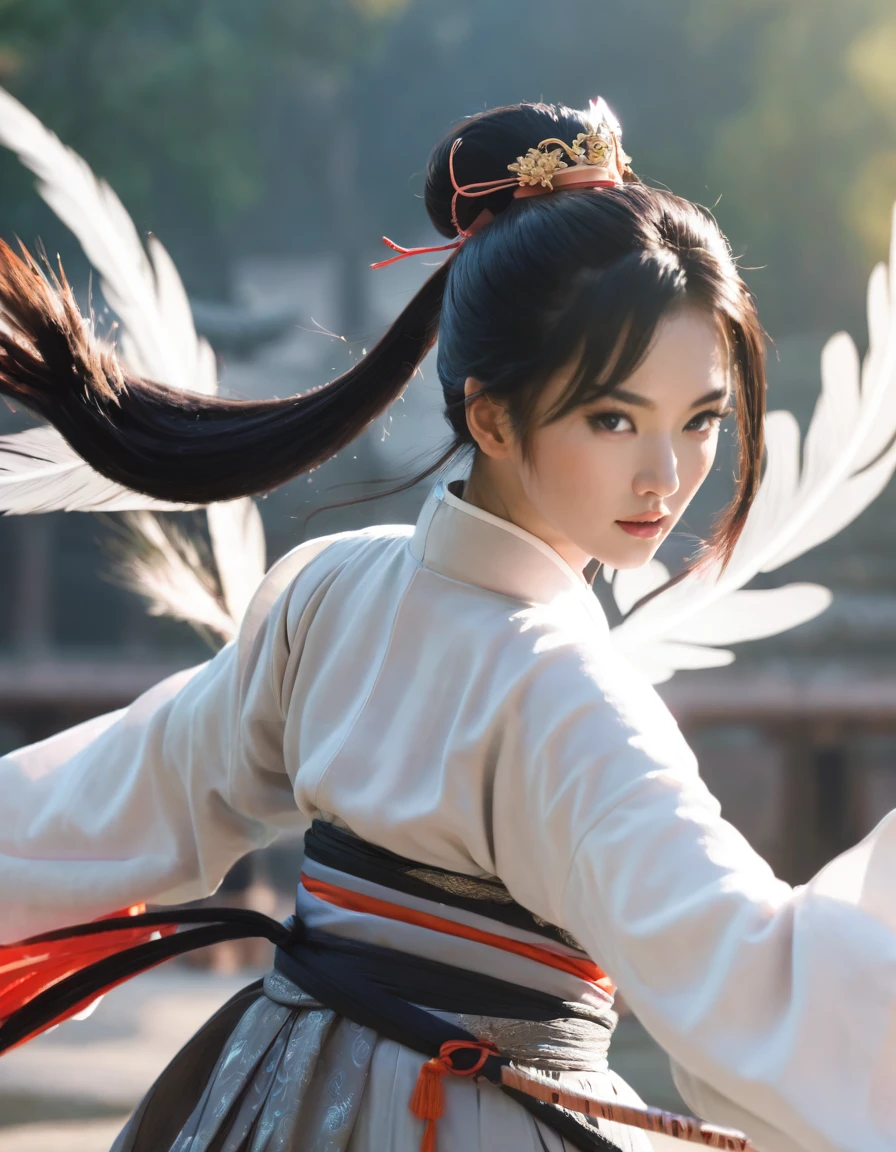 Men and women in hanfu costumes, A woman holds a sword and fights with a man., black hair, short ponytail, Onyx colored eyes, surface details, Glowing skin, sun, Spinning Feather Sword, animated blur background, backlight, 8K, Awesome details, Masterpiece, best quality