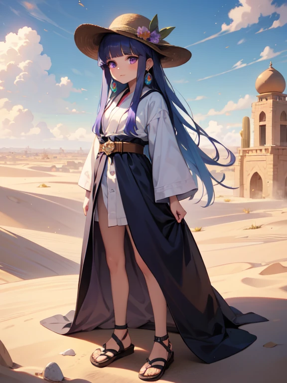 (masterpiece, Highest quality:1.1), (Desert Princess), furude rika,  Blue Hair, Purple eyes, Long Hair, blunt bangs, bangs, , 1 Girl, alone, Robe, belt, Turquoise, fringe, hat, veil, Large earrings, Sandals, Arabian Nights, camel, Sandstorm, Sand Dust, Oriental, traveller, Charismatic, leadership