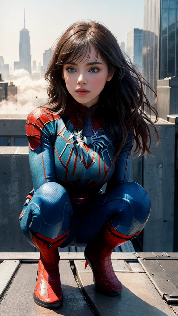 full body, (1girl:1.3), Solo, (((Very detailed face)))), ((Very detailed eyes and face)))), Beautiful detail eyes, Body parts__, Official art, Unified 8k wallpaper, Super detailed, beautiful and beautiful, beautiful, masterpiece, best quality, original, masterpiece, super fine photo, best quality, super high resolution, realistic realism, sunlight, half body, amazing beauty, dynamic squatting pose, delicate face, vibrant eyes, (from the front), She wears Spider-Man suit, red and black color scheme, spider, very detailed city roof background, rooftop, overlooking the city, detailed face, detailed complex busy background, messy, gorgeous, milky white, highly detailed skin, realistic skin details, visible pores, clear focus, volumetric fog, 8k uhd, DSLR, high quality, film grain, fair skin, photo realism, lomography, futuristic dystopian megalopolis, translucent