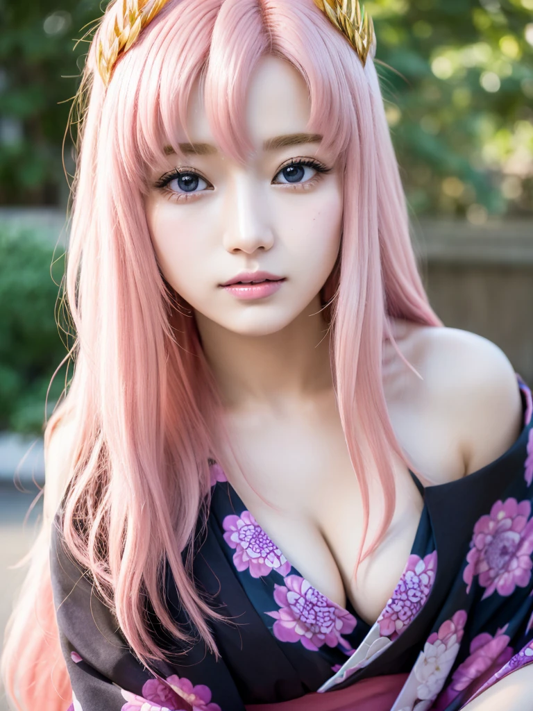 (Highest quality, 16K, masterpiece:1.55), Ultra detailed face, Detailed lips, Detailed eyes, double eyelid,
BREAK smile, upper body, (Seductive pose:1.6), (high angle shot, dutch angle, dynamic angle),
BREAK 1girl, 20 years old, (large Breasts:1.2), Svelte Body, (big hips:1.2),
BREAK lacus clyne, (purple eyes:1.1), hair ornament, long hair, wave hair ornament, (light pink hair:1.2),
BREAK (((Golden hair ornament))),
BREAK (Japanese Clothes, black and purple and pink intricate pattern kimono),
BREAK outdoor, road,, shrinebackground,