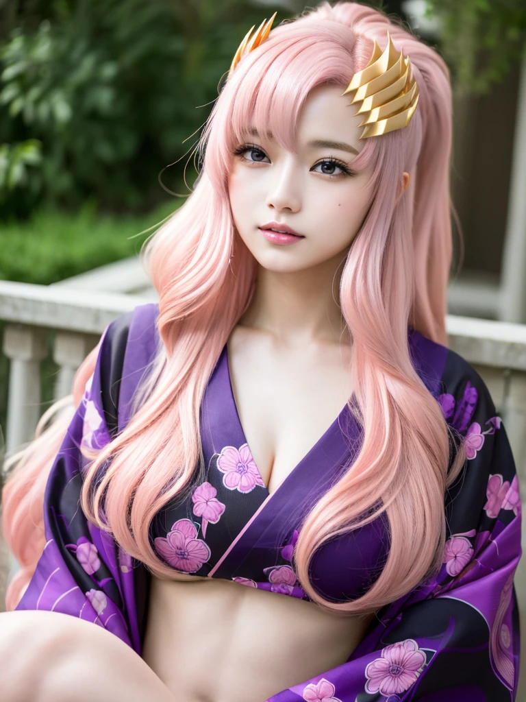 (Highest quality, 16K, masterpiece:1.55), Ultra detailed face, Detailed lips, Detailed eyes, double eyelid,
BREAK smile, upper body, (Seductive pose:1.6), (high angle shot, dutch angle, dynamic angle),
BREAK 1girl, 20 years old, (large Breasts:1.2), Svelte Body, (big hips:1.2),
BREAK lacus clyne, (purple eyes:1.1), hair ornament, long hair, wave hair ornament, (light pink hair:1.2),
BREAK (((Golden hair ornament))),
BREAK (Japanese Clothes, black and purple and pink intricate pattern kimono),
BREAK outdoor, road,, shrinebackground,