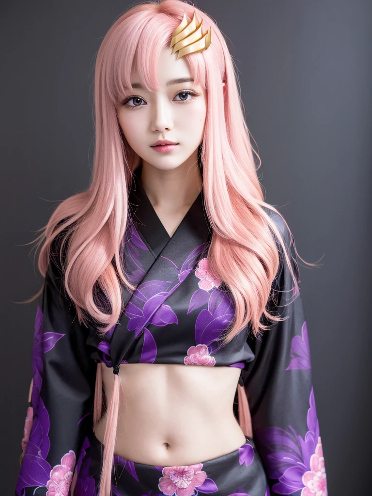 (Highest quality, 16K, masterpiece:1.55), Ultra detailed face, Detailed lips, Detailed eyes, double eyelid,
BREAK smile, upper body, (Seductive pose:1.6), (high angle shot, dutch angle, dynamic angle),
BREAK 1girl, 20 years old, (large Breasts:1.2), Svelte Body, (big hips:1.2),
BREAK lacus clyne, (purple eyes:1.1), hair ornament, long hair, wave hair ornament, (light pink hair:1.2),
BREAK (((Golden hair ornament))),
BREAK (Japanese Clothes, black and purple and pink intricate pattern kimono),
BREAK outdoor, road,, shrinebackground,