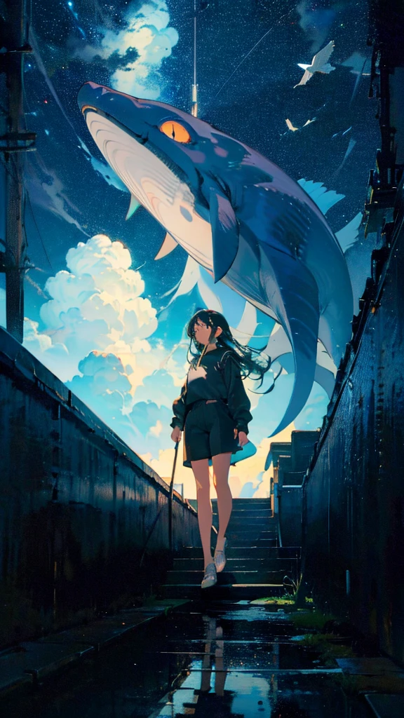 masterpiece, Exquisite detail,Highest quality, One girl, alone, handrail, cloud, Looking up at the buildings,Long Hair, zero, Long sleeve, Power lines, White footwear, Black Hair, View your viewers, Electric pole, bangs, cloudy zero, fish, bird, Green Eyes, Shorts, Day, Black Shirt, barefoot,Whale flying in the sky,Giant whale,night,Star,milky way,night,Pitch black,Buildings,立っている,High quality anime art style,Standing painting,Splash ink background,Blue Themes,Clear Face,Distinct facial features