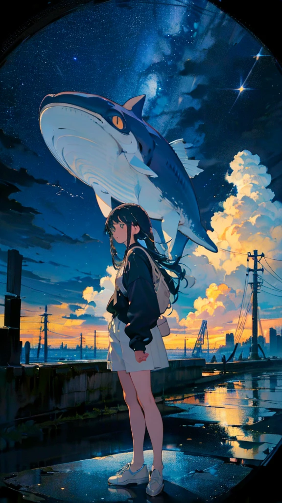 masterpiece, Exquisite detail,Highest quality, One girl, alone, handrail, cloud, Looking up at the buildings,Long Hair, zero, Long sleeve, Power lines, White footwear, Black Hair, View your viewers, Electric pole, bangs, cloudy zero, fish, bird, Green Eyes, Shorts, Day, Black Shirt, barefoot,Whale flying in the sky,Giant whale,night,Star,milky way,night,Pitch black,Buildings,立っている,High quality anime art style,Standing painting,Splash ink background,Blue Themes,Clear Face,Distinct facial features