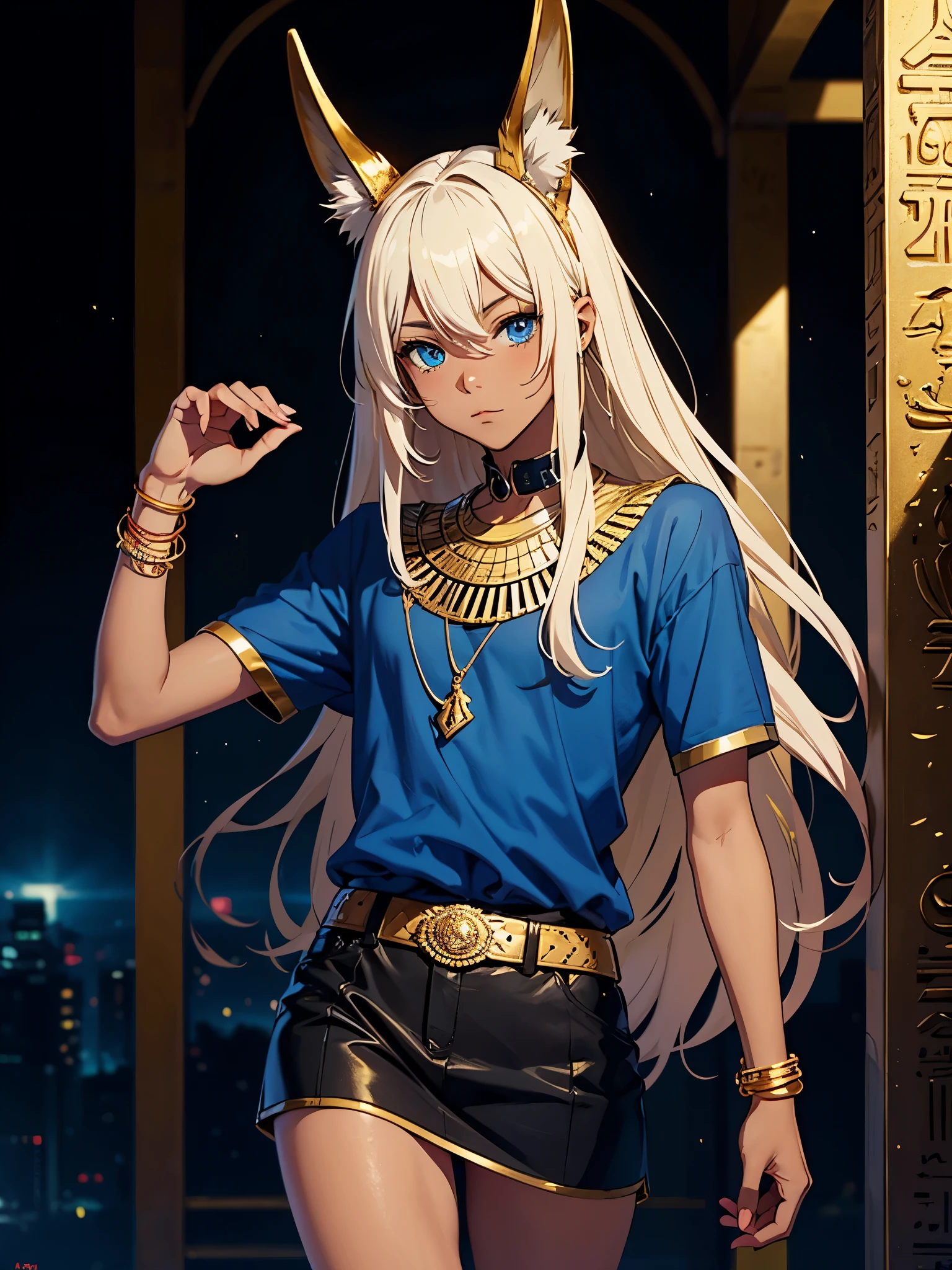 More anime style. cutie pie. アニメ! age boy. Egyptian deity Anubis. Egyptian blue clothing. Blue clothes. long blond hair. Lots of gold jewelry. dark skin. Egyptian. dazzling blue eyes. mystical. divine.